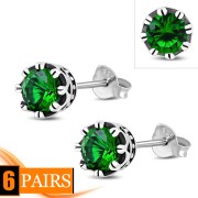 Vintage Royal Crown Celtic Emerald Green CZ Sterling Silver Stud Earrings - e455